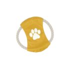 A yellow dog toy featuring a white paw print on the fabric. The fabric is circular with two rope handles on opposite sides, forming a ring shape.