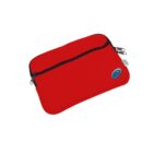 A red laptop sleeve with a black zipper running across the top. It features a small blue and green emblem on one corner and two zipper pulls. The sleeve has a soft fabric appearance.