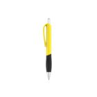 A retractable ballpoint pen with a yellow body and black grip, featuring a silver clip and tip, centered on a white background.