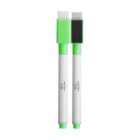 Two white markers with green caps, one showing a broad square tip and the other a chisel tip.
