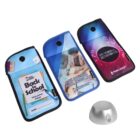 Three phone-locker sleeves in different designs are displayed alongside a small, round device. The sleeves feature slogans about reducing phone use, with themes like Back to School and Lock Away Your Phone, Engage More.