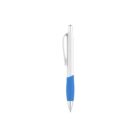 A white and blue retractable ballpoint pen with a clip and metal tip, shown against a plain white background.