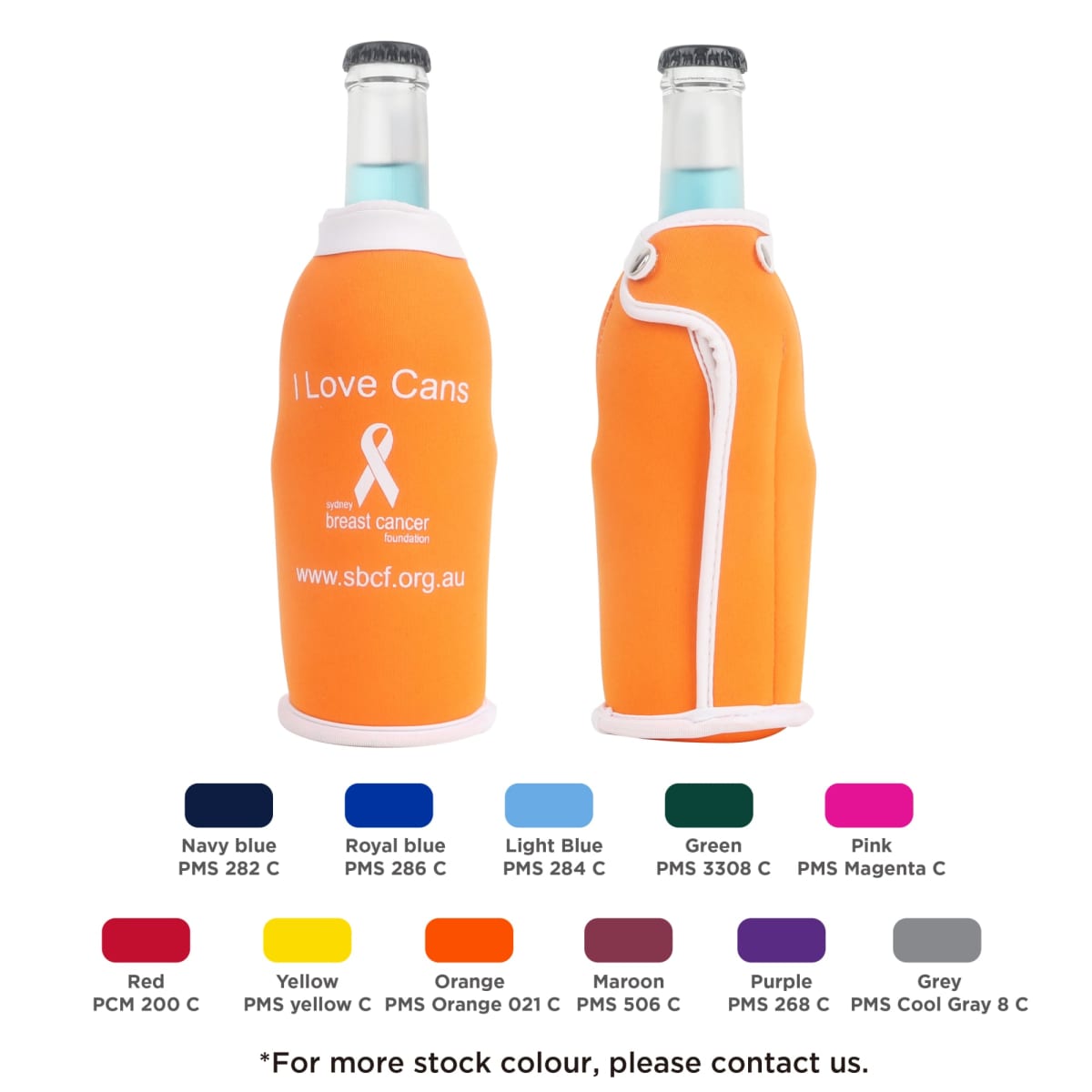 Two orange bottle holders labeled I Love Cans with a breast cancer awareness ribbon and website address. Below are fabric color options: Navy blue, Royal blue, Light blue, Green, Pink, Red, Yellow, Orange, Maroon, Purple, and Grey.
