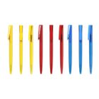 A row of nine pens with caps in alternating colors: three yellow, three red, and three blue. The pens are evenly spaced and aligned vertically against a white background.