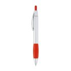 A retractable ballpoint pen with a sleek silver body and red accents. It features a red grip, a silver clip, and a red push button at the top.