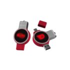 Two USB flash drives with metal swivel covers and red casings are shown. One is closed, displaying the word BLUES in red. The other is open, featuring a stylized bird logo with a red cap next to it.