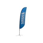 A blue feather flag with the text Sirius Satellite Radio in white, featuring a white star and dog silhouette logo. The flag is on a black pole with a tripod base.