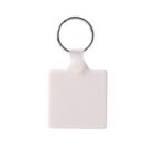 A white square keychain with a silver ring attached at the top.