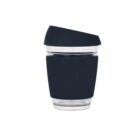 Reusable coffee cup with a transparent lower half and a black silicone sleeve and lid, designed to keep beverages warm.