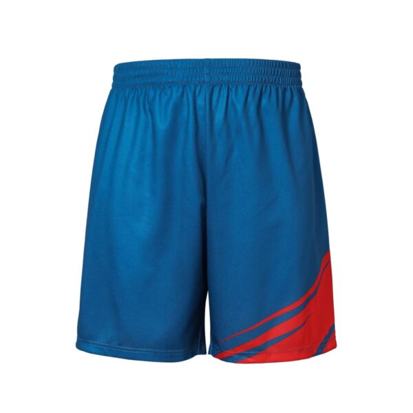 A pair of blue athletic shorts with an elastic waistband and abstract red design on one side. The fabric appears smooth and lightweight.