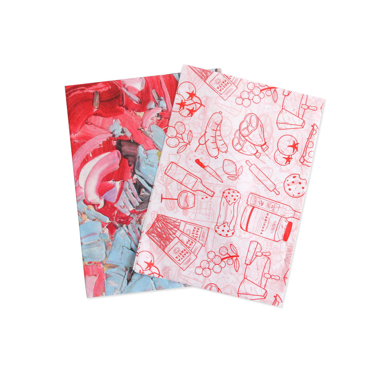 Two overlapping sheets of paper: one with a colorful abstract red and blue paint design, and the other with red line art illustrations of kitchen and food items such as tomatoes, bread, and utensils on a white background.