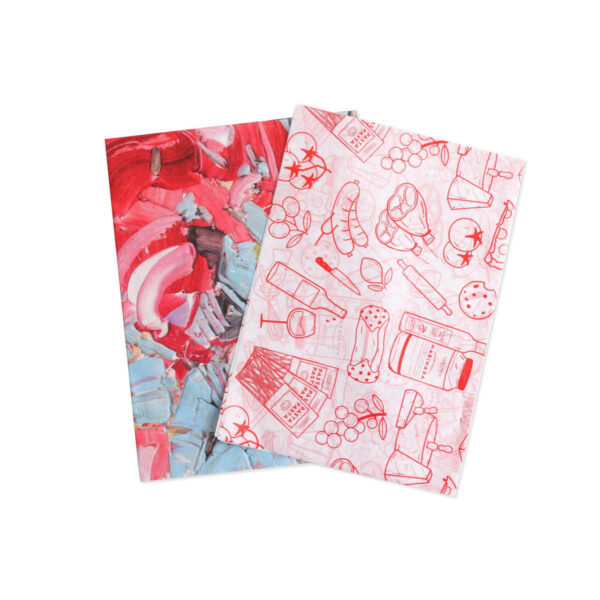 Two overlapping rectangular sheets. The left sheet displays abstract red and blue paint strokes. The right sheet is white with red line drawings of kitchen items like bottles, vegetables, and utensils.
