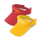Red and yellow visors with 100% Organic printed on the front.
