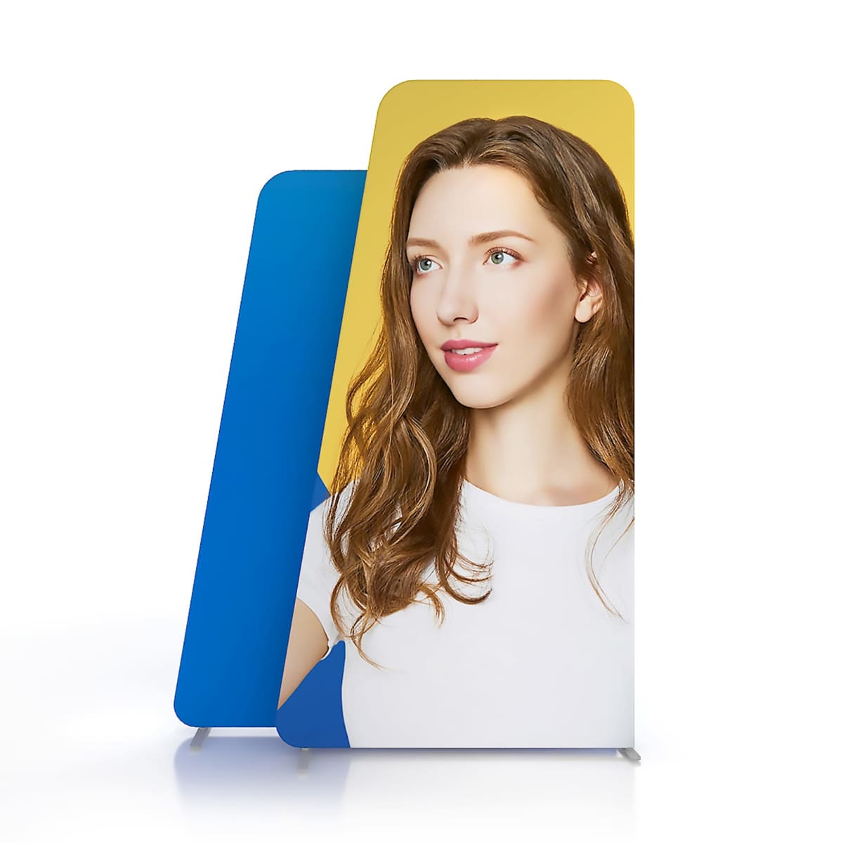 A display stand features an image of a person with long brown hair and a white shirt against a yellow background. To the left, a plain blue panel partially overlaps the image.