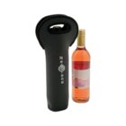 A bottle of rosé wine stands next to a black Neoprene wine tote. The tote has a circular logo and white text on it. The wine bottle is clear with a yellow cap and red label, suggesting it contains White Zinfandel.