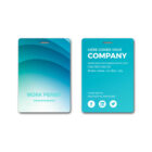 Front and back of a work permit badge. The front features abstract blue waves and Work Permit text. The back includes company details, a name, job title, contact info, and social media icons on a turquoise background.