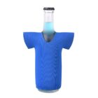 A blue glass bottle is covered with a blue sleeve that resembles a T-shirt, leaving the neck and cap exposed.