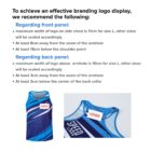 Image of a blue athletic tank top with branding guidelines. The front logo is placed at least 8cm away from the armhole seam and 18cm below the shoulder point. The back logo is 3cm below the collar and 3cm from the armhole seam.