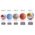 Image displaying five basketballs of different sizes and designs. From left to right: Size 3 (mini), Size 4 (childrens game), Size 5 (youths game), Size 6 (standard womens game), and Size 7 (standard mens game), with diameters listed below each.
