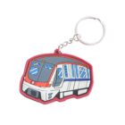 Keychain featuring a cartoon-style illustration of a train with red trim, blue windows, and white body. A silver chain connects the train design to a metal keyring. The background is white.