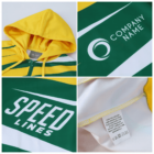 Collage of a yellow and green striped hoodie featuring a hood, branded text SPEED LINES, and a tag indicating 100% polyester with care instructions. A placeholder COMPANY NAME is also visible on the hoodie.