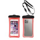 Two waterproof phone pouches with red edges and black tops. One shows a smartphone with apps, the other shows the back of a phone. A detachable black strap is connected to the pouch on the right.