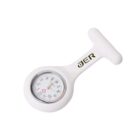 A white nurse fob watch with a round analog face, featuring black hour markers on a white background. The watch is encased in a silicone holder, with the letters UER printed in gold on the clip.