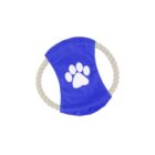 A blue dog toy with a white paw print on it. The toy is a disc shape with rope handles on either side.