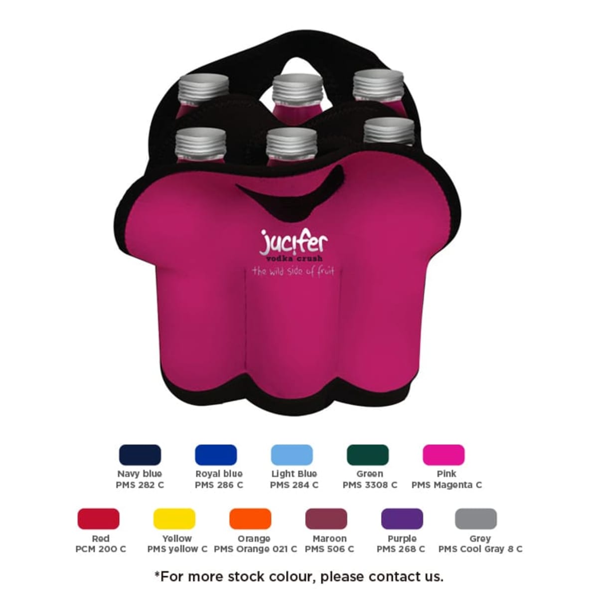 A pink multi-bottle carrier with six water bottles inside. The carrier has a logo and the words the wild side of fruit. Below are color options for the carrier: Navy, Royal, Light Blue, Green, Pink, Red, Yellow, Orange, Maroon, Purple, Gray.