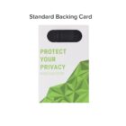 Image of a standard backing card for a webcam cover, featuring text Protect Your Privacy. The card has a geometric green design at the bottom. A black rectangular webcam cover is attached at the top.