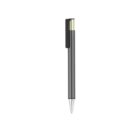 A sleek black pen with a minimalist design, featuring a golden clip and a silver tip, set against a plain white background.