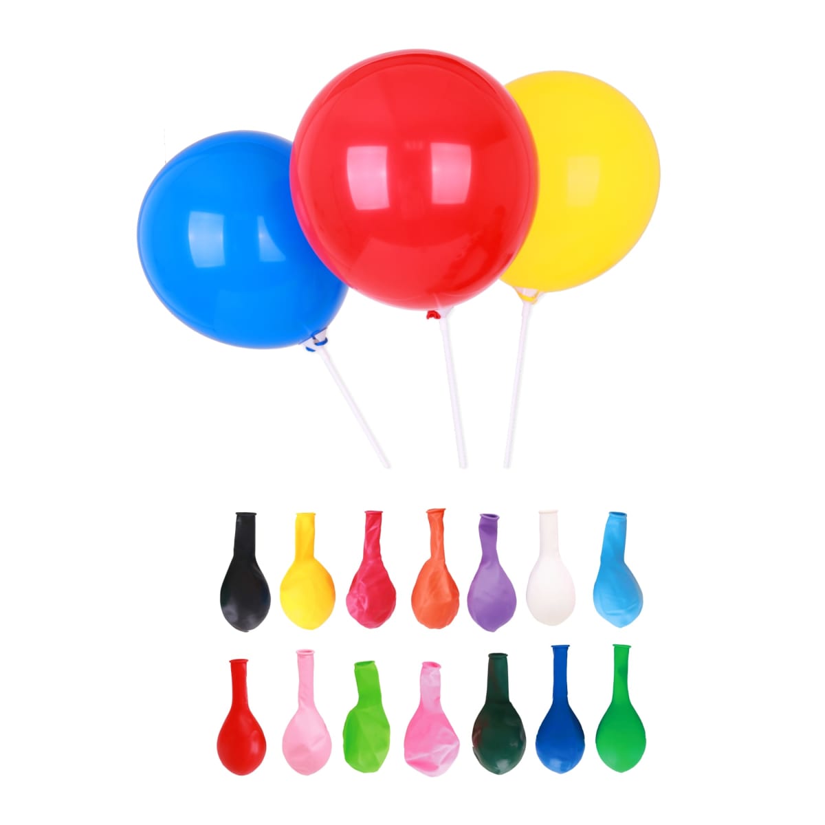 Three inflated balloons in blue, red, and yellow with white sticks at the top. Below, thirteen deflated latex balloons in various colors including black, white, pink, purple, green, and more.
