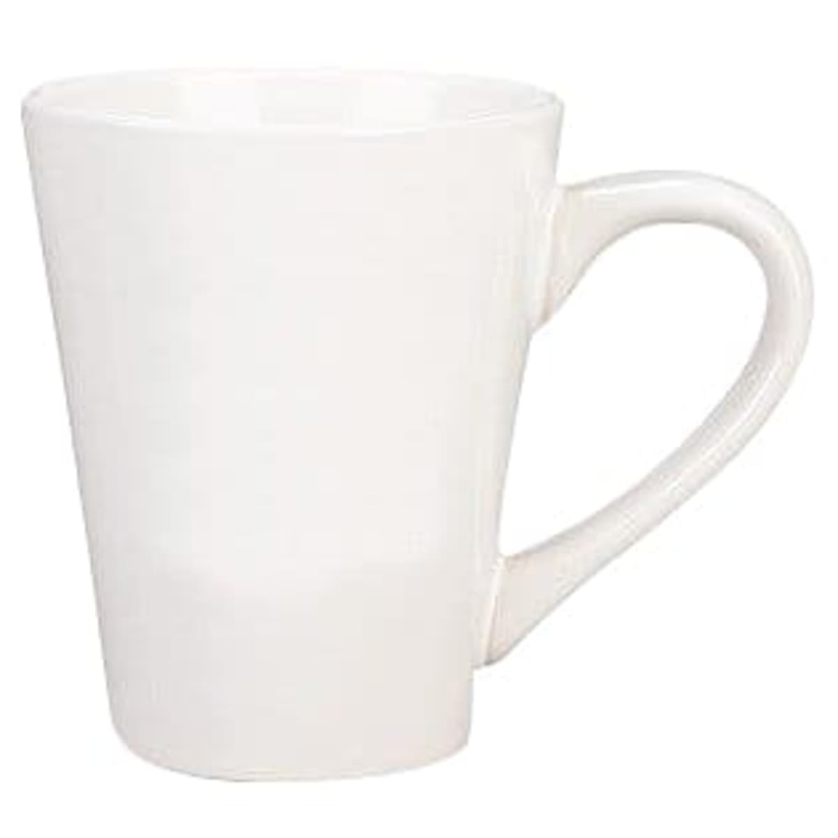 A plain white ceramic mug with a large handle, set against a white background. The mug is cylindrical and tapers slightly towards the base, featuring a smooth, glossy finish.