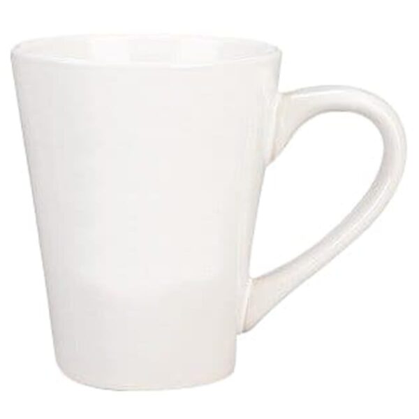 A plain white ceramic mug with a wide, slightly tapered body and a round handle on the right side. The mugs surface is smooth and glossy.