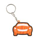 Keychain with a cartoon-like design of an orange car, featuring wavy darker orange stripes and a happy expression. The cars headlights, grille, and bumper are simplistic, giving it a playful appearance. The keyring is attached to the top.