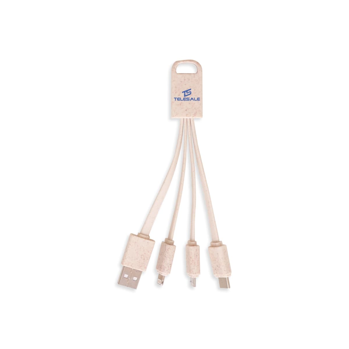 A multi-charging cable with a USB connector on one end and three different charging connectors on the other, labeled with TELESALE on a beige tab.