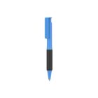 A blue ballpoint pen with a black grip and clip, shown against a plain white background.
