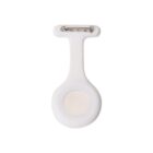 A white silicone holder designed to fit a tracking device, shaped like a keychain with a circular compartment at the bottom and a T-shaped top section featuring a metal clip for attachment.