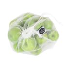 A reusable white mesh bag filled with green apples. The bag has a drawstring closure and a label reading ECO attached. The apples are visible through the semi-transparent fabric.