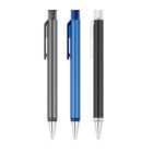 Three retractable pens displayed vertically: one gray with a black clip, one blue with a blue clip, and one black with a clear clip. All have silver tips and minimalist designs against a plain white background.