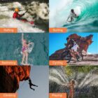 A collage of six adventure activities: rafting, surfing, swimming, cycling, climbing, and playing under a sprinkler. Each image shows an individual engaged in the respective activity, with labels beneath each scene.