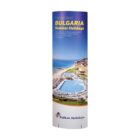 A tall promotional stand featuring an image of a beach resort with a large pool and sun loungers. The text reads, For the Best Bulgaria Summer Holidays and highlights package details. The logo of Balkan Holidays is at the bottom.