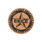 Cork coaster with EXILE written in bold, black letters in the center of a star design. The word EXILE repeats around the perimeter in a circular pattern on a light brown background.