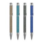 Four pens with a textured finish are arranged vertically. The colors are tan, teal, gray, and blue. Each pen features silver accents, including the tip, clip, and top.