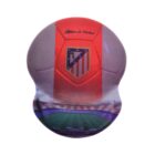 A mouse pad featuring a red and gray design with a football emblem and the text Atlético de Madrid. The base of the pad shows a stadium with a green field and empty stands.