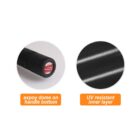 Close-up image of two sections of a black cylindrical object. The left shows an expoy dome on the handle bottom, and the right highlights a UV-resistant inner layer. Orange labels describe each feature.