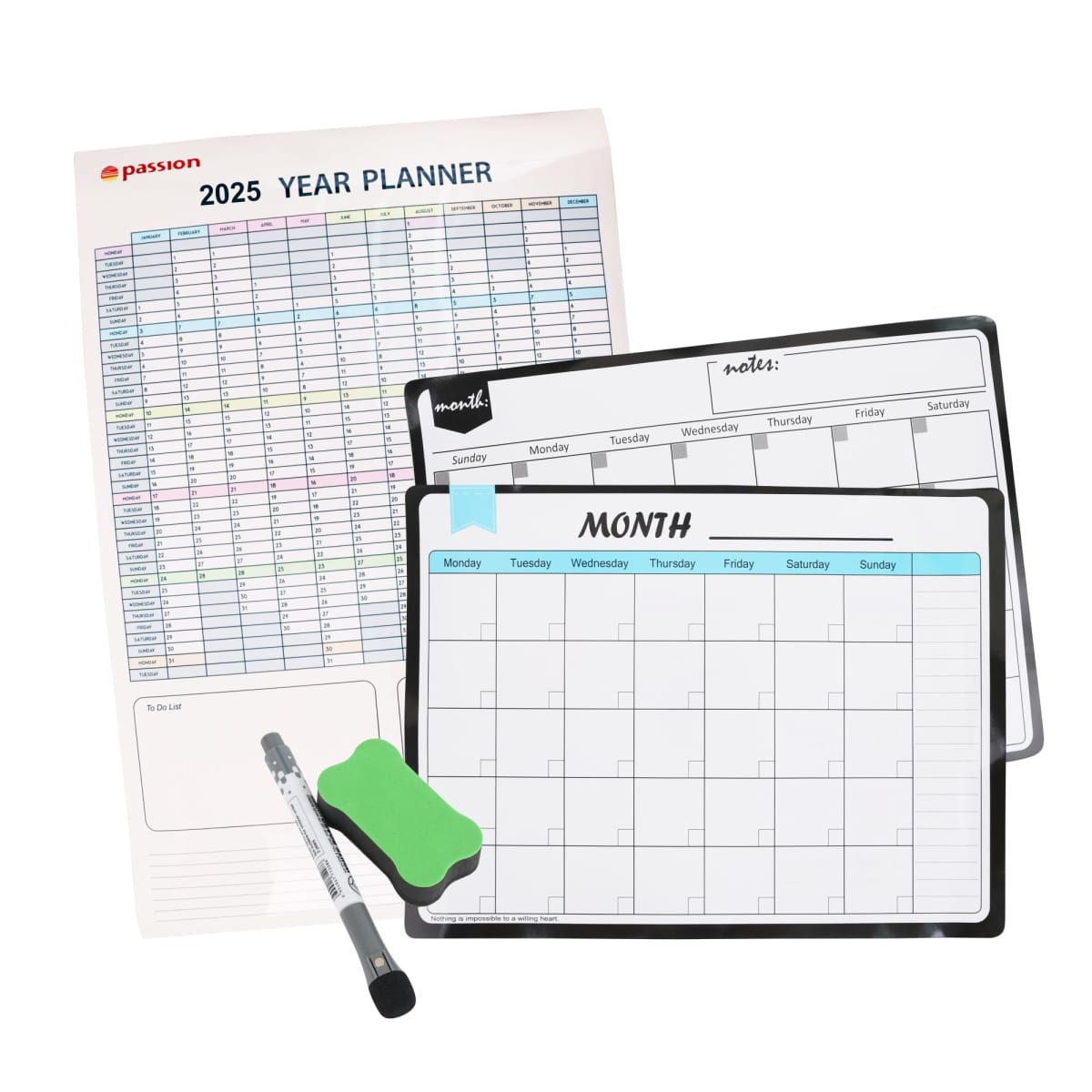 An assortment of planning tools including a 2025 year planner, two monthly magnetic calendars with a dry erase marker, eraser, and a small to do list section.