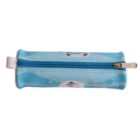 A light blue pencil case with a blue zipper and a winter-themed design featuring snowflakes and abstract patterns. The case has white elastic loops on each end, possibly for attaching to a binder or backpack.