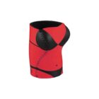 Red and black can cooler designed to resemble a bikini.