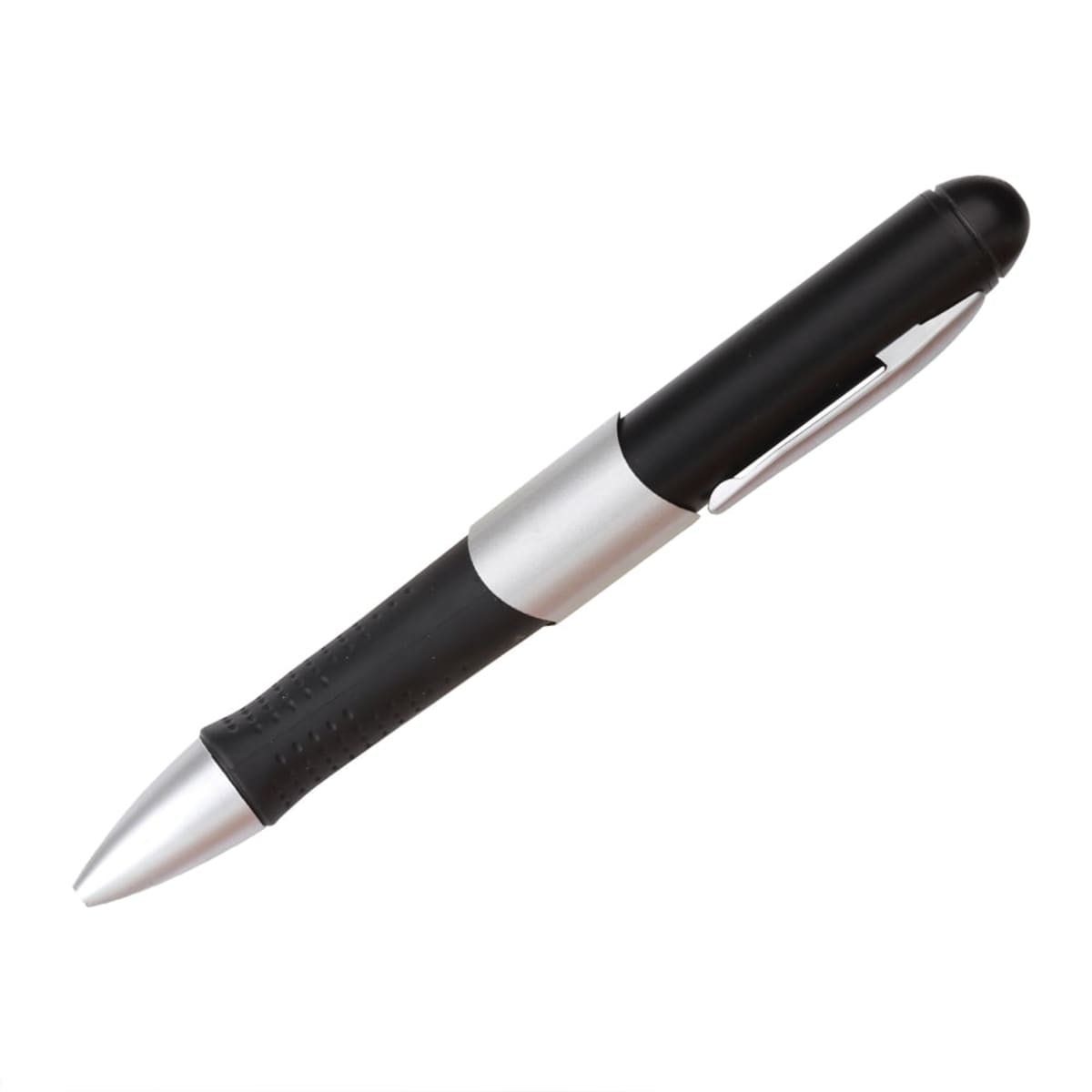 A black and silver ballpoint pen featuring a sleek design with a silver clip and grip detail, angled against a white background.